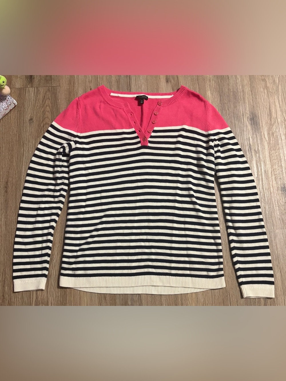 Talbots - Striped Knit Lightweight Sweater with Pink Yoke - Size Medium